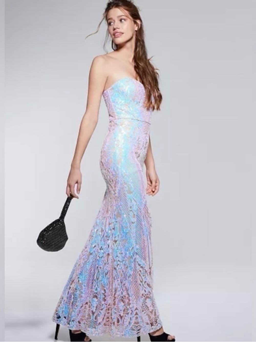 Iridescent Strapless Mermaid Gown - Pastel Blue-Pink